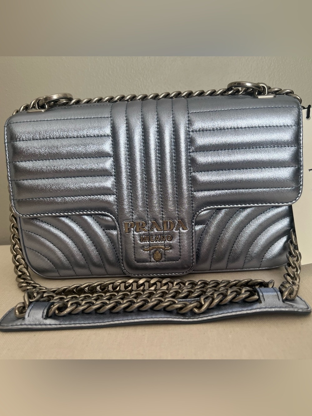 Prada Quilted Chain Diagramme Shoulder Bag Ice Blue